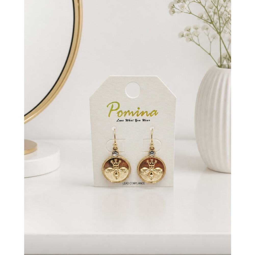 Pomina Gold Round Bee Earrings New